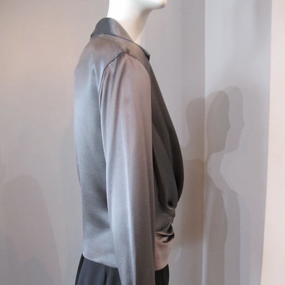 Long Sleeve Grey Silk Charmeuse Blouse - Picture 3 of 4